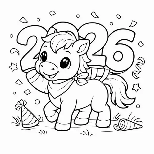 Chú ngựa nhỏ đội mũ sinh nhật vui vẻ đón năm mới 2026 bên cạnh chiếc bánh kem khổng lồ trong bản phác thảo ngựa cho trẻ 7 tuổi.