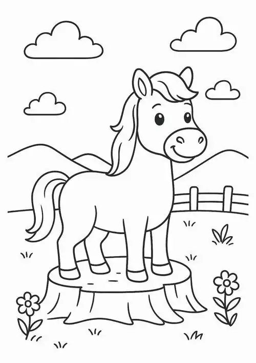 Ngựa con đứng trên gốc cây cổ thụ nhìn ra xa xăm tạo nên hình vẽ ngựa đầy tính nghệ thuật giữa khung cảnh đồi núi bao la rộng lớn.