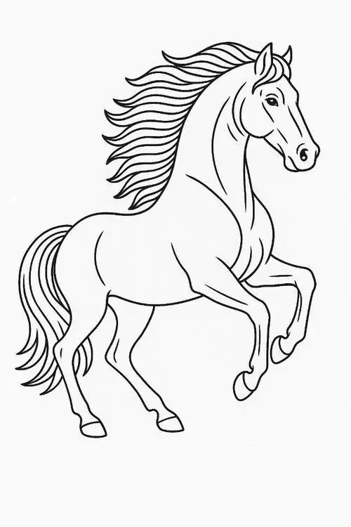 Tài liệu tô màu ngựa hoang phi nước đại qua những bụi cỏ với bờm bay trong gió minh họa sinh động rõ nét tốc độ phi mã loài thú.