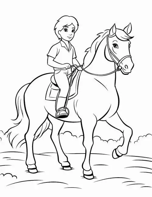 Kỵ sĩ nhỏ tuổi tự tin điều khiển chú ngựa vượt qua dòng suối nhỏ là một tranh tô màu con ngựa đầy cảm hứng phiêu lưu cho bé 3 tuổi.
