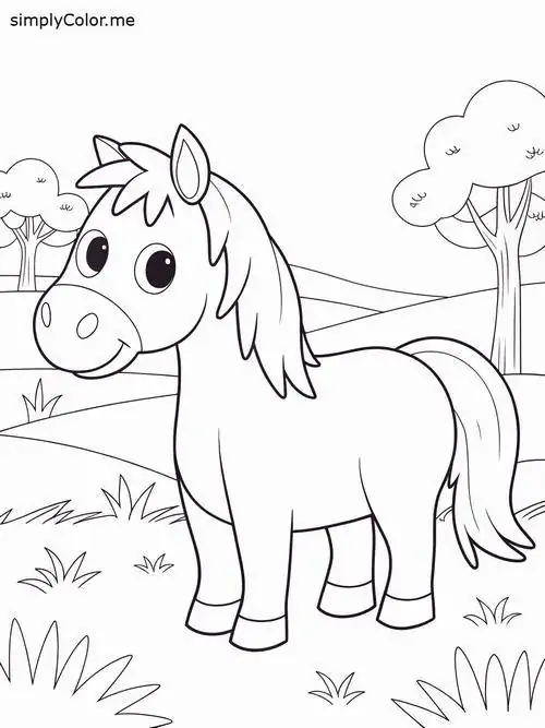 Bé ngựa nhỏ xinh xắn với đôi tai dựng đứng đang tò mò nhìn xung quanh tạo nên mẫu vẽ tuấn mã dễ thương giúp trẻ làm quen hội họa.