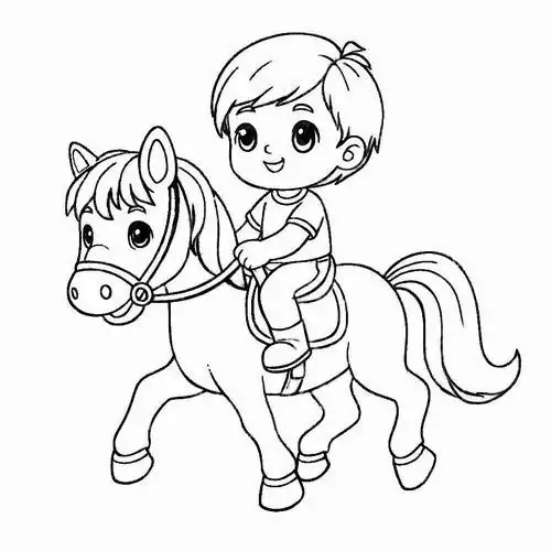 Em bé nhỏ ngồi trên lưng chú ngựa lùn đi dạo thong dong giữa không gian yên bình của bản vẽ phác thảo loài ngựa rất gần gũi và mộc mạc.