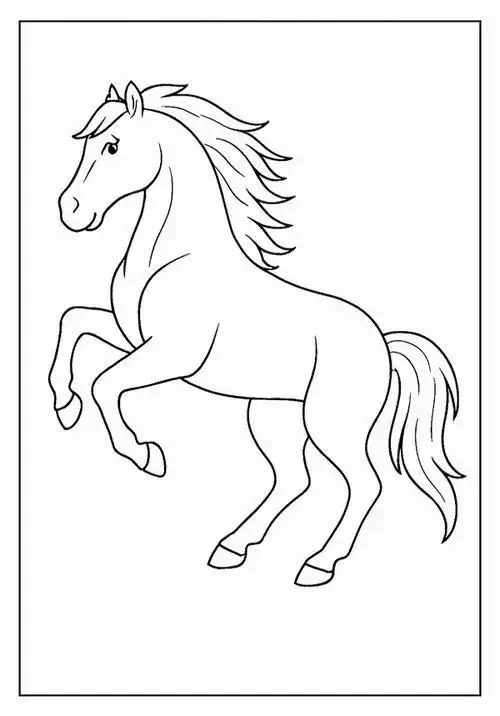 Con ngựa dũng mãnh đang bật nhảy qua hàng rào gỗ với tư thế phi mã cực kỳ ấn tượng trong không gian trang trại cho trẻ 4 tuổi.