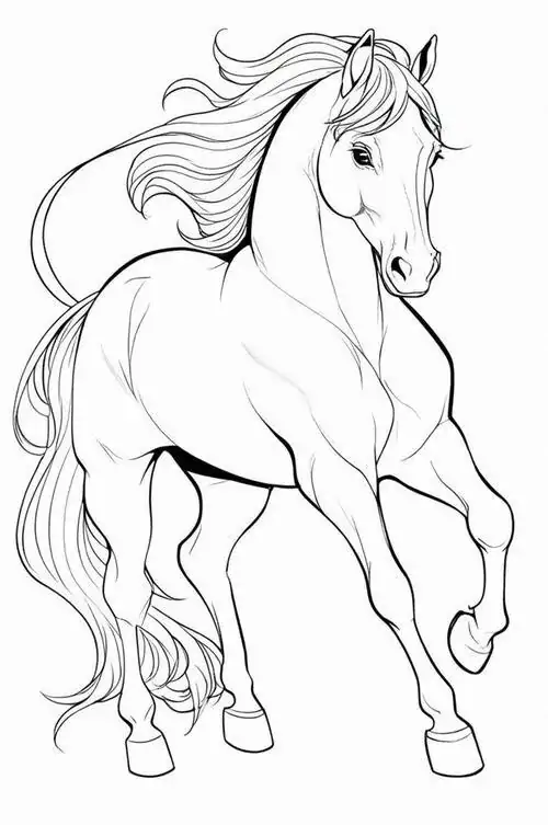 Mẫu tô màu tuấn mã sinh động với thân hình săn chắc, đuôi dài và ánh nhìn hiền lành