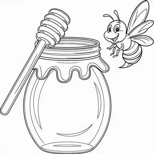 Chú ong đang bay xung quanh hũ mật lớn có que lấy mật gỗ gợi nhớ đến sản phẩm mật ong nguyên chất quý giá từ thiên nhiên.