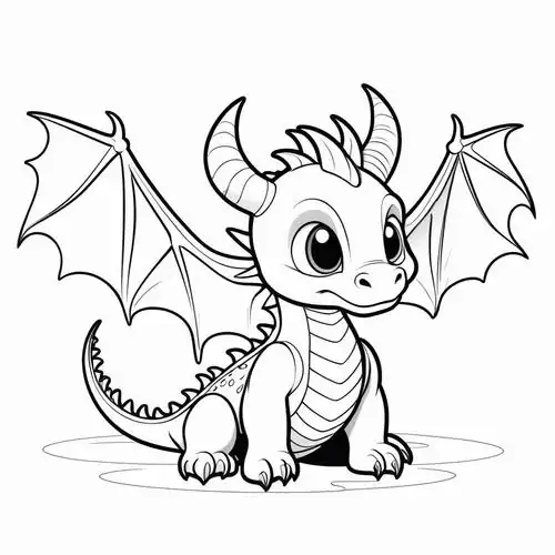 Bản phác thảo tô màu chú rồng nhỏ có sừng nhọn và đôi cánh rộng đang đứng hiên ngang để lộ những lớp vảy bụng cho trẻ 6 tuổi.