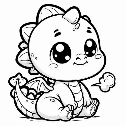 Chú rồng con có cái bụng to tròn đang ngồi bệt dưới đất và nhìn sang một bên với biểu cảm gương mặt rất lém lỉnh và hài hước.