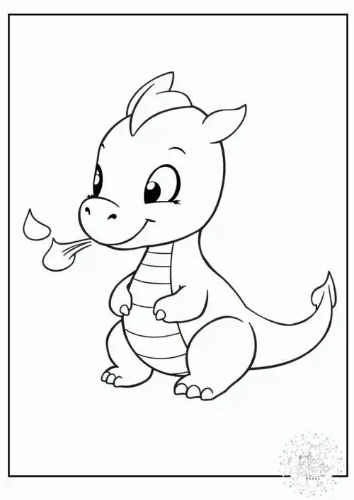 Một chú rồng nhỏ tinh nghịch đang ngồi bệt dưới đất với cái đuôi dài quấn quanh chân trông rất ngộ nghĩnh khi nhìn trực diện vào người xem ảnh.