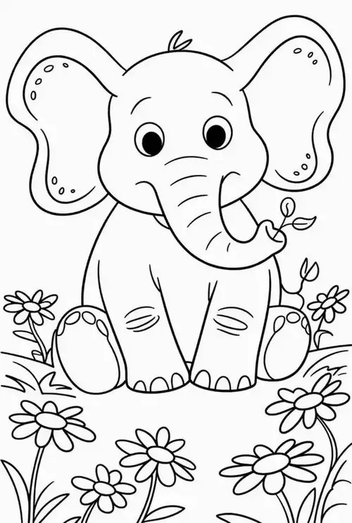 Chú voi con có đôi tai khổng lồ đang ngồi ngoan ngoãn với vẻ mặt hiền lành tạo nên một tranh vẽ đen trắng con voi vô cùng dễ thương.