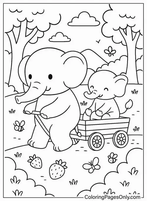 In trang tập tô màu hai bạn voi đang đẩy xe gỗ chở đầy hoa quả trong rừng sâu thể hiện tình bạn gắn kết của loài thú có vòi thông minh.