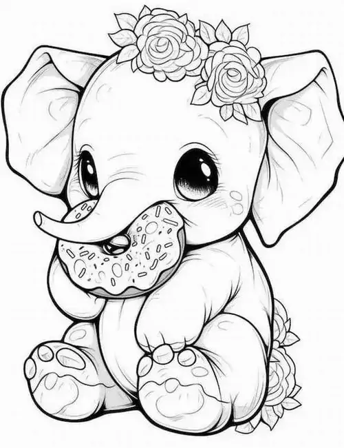 Mẫu tranh tô màu voi con đội vòng hoa xinh xắn trên đầu với đôi mắt to tròn đen láy mang đến vẻ đẹp điệu đà của động vật đại ngàn.