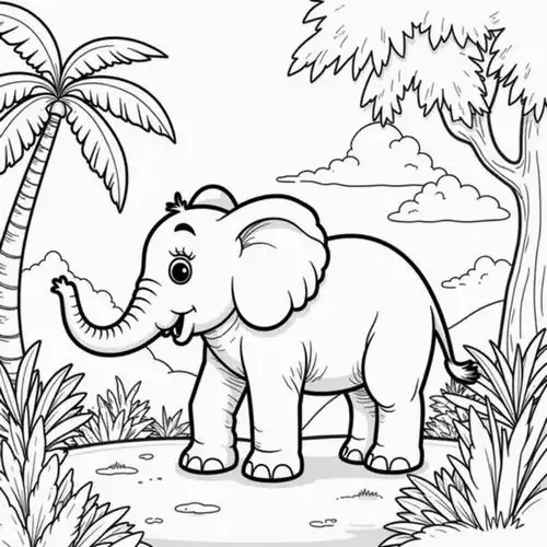 Hình ảnh chú voi thong dong bước đi trên con đường mòn có hàng cây dừa cao vút phía xa tạo nên bối cảnh sa van rộng lớn.