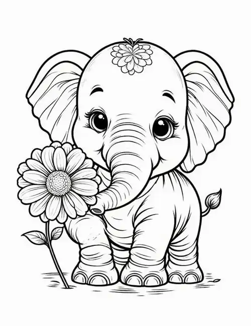 Chú voi nhỏ ôm một bông hoa hướng dương to bản trước ngực với nụ cười tỏa nắng trông thật rạng rỡ và tràn đầy sức mạnh tích cực.