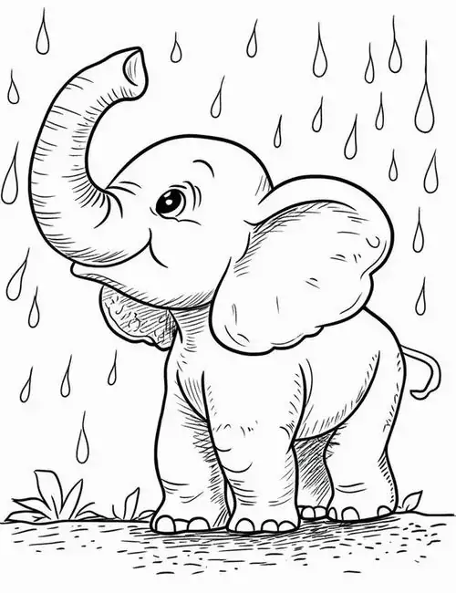 Chú voi con đứng dưới màn mưa rơi nhẹ nhàng với vẻ mặt thích thú giúp bé thỏa sức sáng tạo cùng bản phác thảo con voi độc đáo.