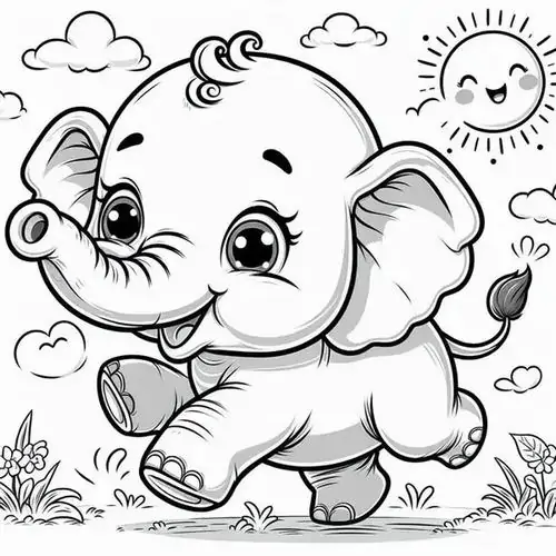 Bé voi đang chạy nhảy tung tăng trên đồng cỏ dưới những đám mây bồng bềnh trông thật năng động và tràn đầy năng lượng của loài voi châu Á.