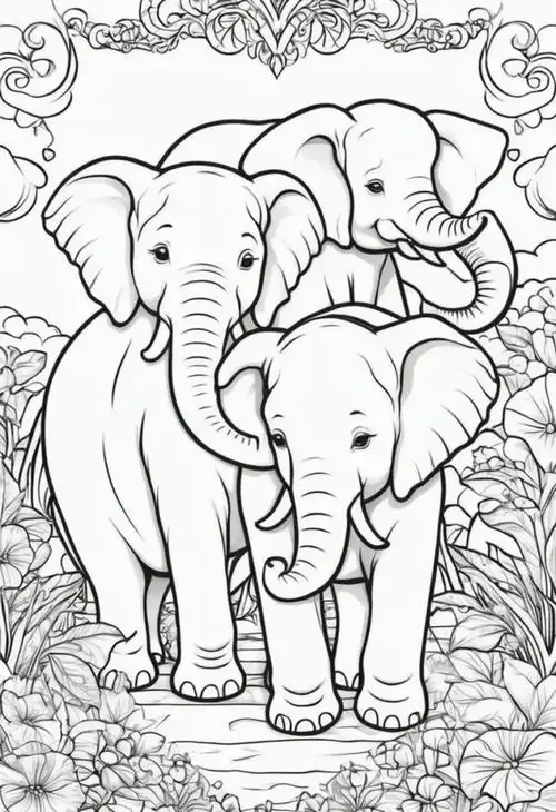 Tranh tô màu ba mẹ con nhà voi đứng quây quần giữa rừng già rậm rạp giúp trẻ nhận biết về tình cảm gia đình của sinh vật khổng lồ hiền lành.