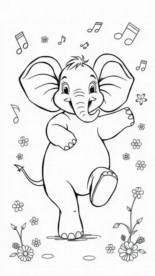 Hình ảnh tô màu chú voi đang nhảy múa theo những nốt nhạc vui nhộn tạo nên bầu không khí sôi động cho bộ sưu tập tranh tô màu thú vị.