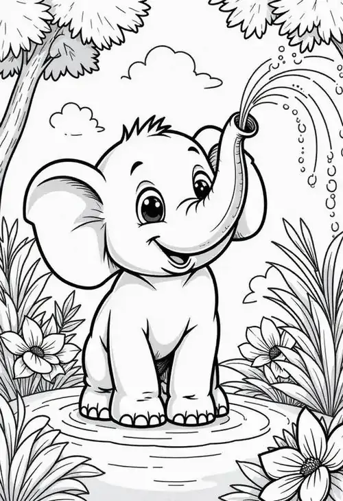 Bé voi con ngồi bên bờ suối với đôi mắt to tròn long lanh nhìn cực kỳ đáng yêu khi đang khám phá thiên nhiên hoang dã xung quanh mình.