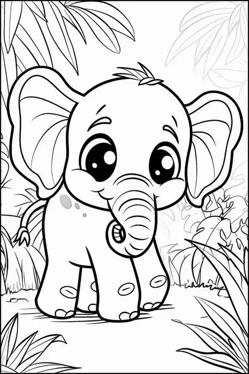 Chú voi nhỏ đứng nghiêng mình giữa những bụi cây xanh mướt trông thật tinh nghịch trong hình vẽ voi cho bé tô màu đầy sinh động này.