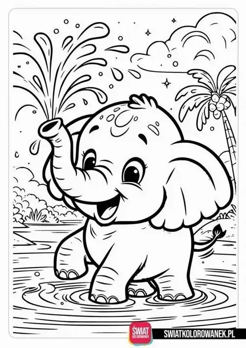 Trang tập tô màu voi con đang tung tăng nghịch nước dưới sông với nụ cười rạng rỡ làm hiện rõ vẻ hoạt bát của loài động vật ăn cỏ cho bé 3 tuổi.