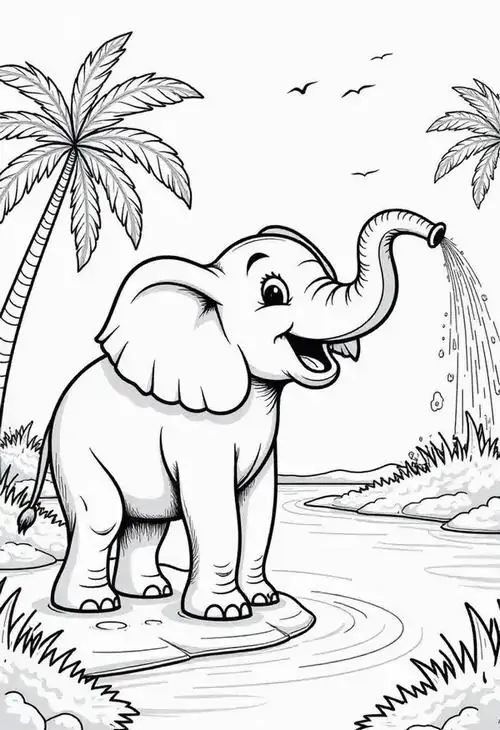 Chú voi đang thong dong đi dạo dưới bóng cây cọ và dùng chiếc vòi voi linh hoạt để phun nước giải nhiệt thật sảng khoái.