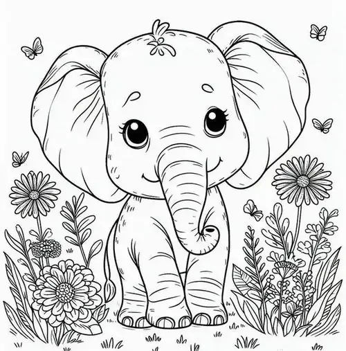 Tải hình tô màu voi con ngồi giữa cánh đồng hoa rực rỡ với biểu cảm ngây thơ giúp bé rèn luyện cách phối màu cho mẫu tô màu loài voi xinh xắn.