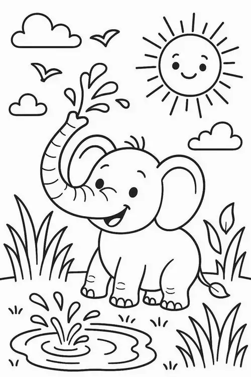 Voi nhỏ đang vui vẻ phun nước dưới ánh nắng mặt trời ấm áp trông rất hào hứng khi được vui chơi cùng bầy đàn của mình cho trẻ 4 tuổi.