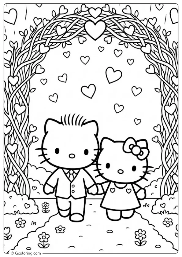 Tranh tô màu Daniel lịch lãm cùng Kitty đứng dưới vòm hoa kết hình Trái tim ngọt ngào mang lại không gian vẽ tranh vô cùng lãng mạn và hạnh phúc.