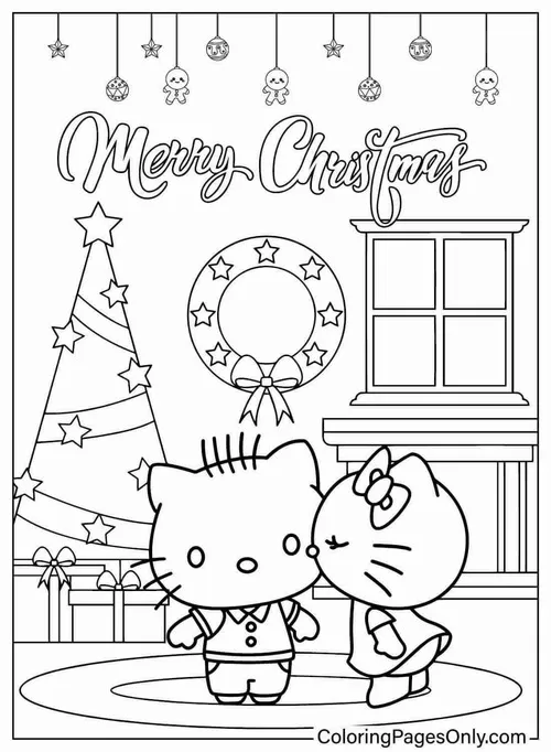 Tải hình tô màu bối cảnh giáng sinh rộn ràng với cây thông lấp lánh nơi Daniel và Kitty cùng nhau chuẩn bị những hộp quà bằng màu sáp rực rỡ.