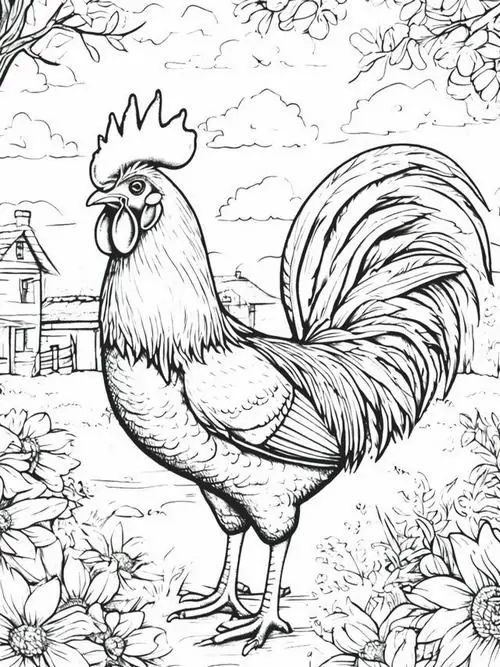 Gà đực với bộ lông mượt mà đang thong dong tản bộ giữa khu vườn đầy hoa cỏ để tìm kiếm vài hạt thóc vàng ươm thơm phức