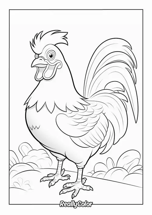 Tranh tô màu gà trống ngũ sắc đang cùng các bạn gia cầm khác tham gia một cuộc thi chạy bộ rất vui nhộn cho trẻ 6 tuổi