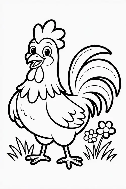 Gà trống dũng mãnh đang dẫn đầu đoàn diễu hành của các loài vật trong trang trại dưới ánh nắng mặt trời rực rỡ và nhộn nhịp