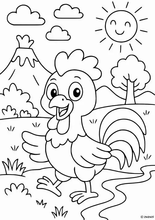 Trang tập tô màu con gà mào đỏ rực phong cách tranh Đông Hồ với những đường nét uốn lượn mang đậm nét văn hóa của người Việt