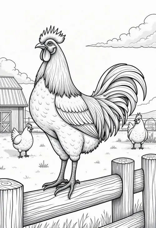 Trang tập tô màu gà cồ đứng trên cổng gỗ lúc mặt trời vừa ló dạng để cất tiếng gáy vang dội thức dậy nông trại cho bé 3 tuổi