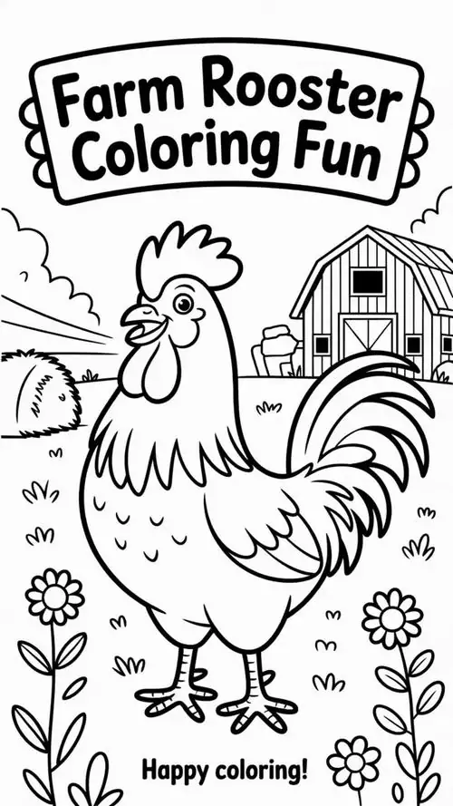 Đại kê phong cách hoạt hình đứng bên cạnh ngôi nhà kho và những bông hoa nhỏ xinh tạo nên một khung cảnh vô cùng bình yên