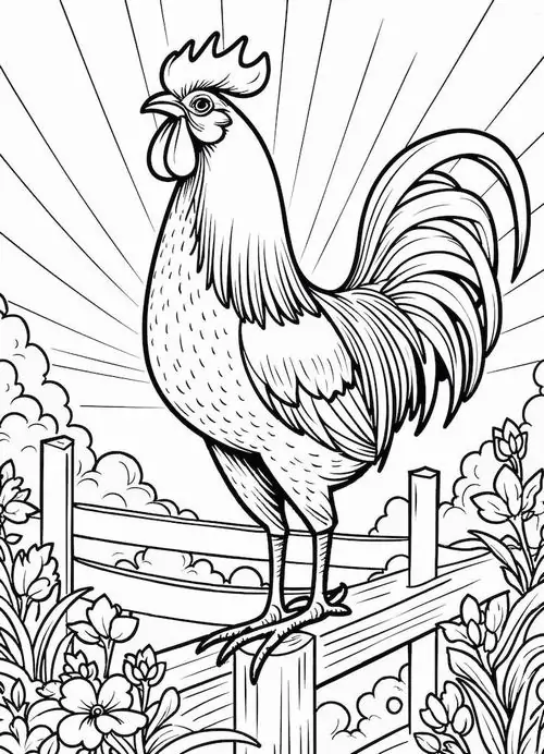 Tranh tô màu chú gà trống đứng hiên ngang trên hàng rào gỗ đón ánh bình minh rạng rỡ với chiếc mào đỏ rực và đuôi dài cong vút