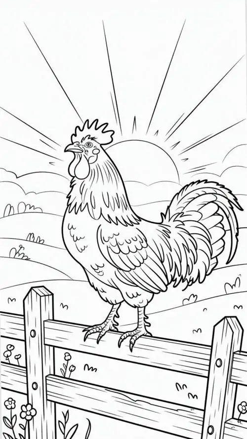 Kê đứng trên bờ rào tre nhìn về phía xa xăm lúc hừng đông với những tia nắng tỏa đều trông rất oai vệ