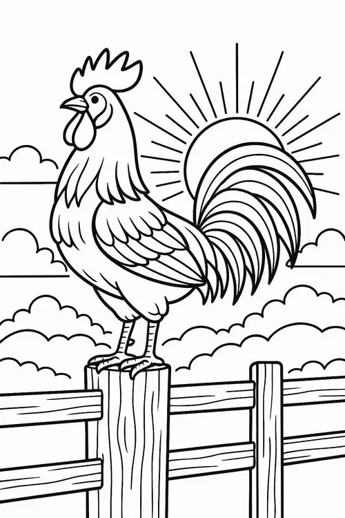 Tải hình tô màu chú gà mào đỏ đang đứng trên trụ gỗ cao vươn cổ chuẩn bị gáy vang báo thức mọi người dậy làm việc chăm chỉ
