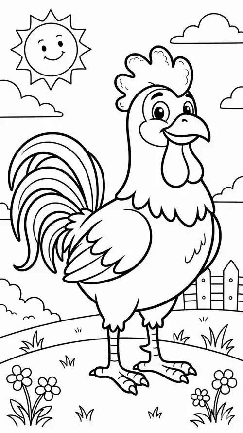 Gà trống oai vệ với đôi mắt tròn xòe cùng nụ cười tươi tắn đang dạo chơi trên thảm cỏ xanh mướt dưới ánh mặt trời cho trẻ 4 tuổi