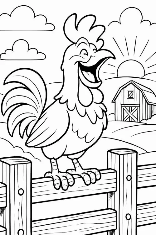 Kê vương đứng cười rạng rỡ trên hàng rào nông trang có ngôi nhà mái lá phía sau với các nét vẽ to rõ giúp bé nhận biết màu sắc