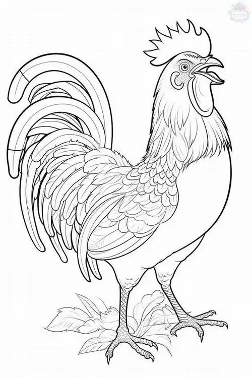 In trang tập tô màu gà trống mào cờ có bộ lông đuôi xòe rộng như cánh quạt đứng bên bờ rào nhìn rất dũng mãnh và kiêu hãnh