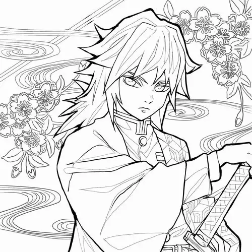 35 Tranh tô màu Giyuu Tomioka lạnh lùng với áo haori hai màu và Nhật Luân Kiếm xanh biển