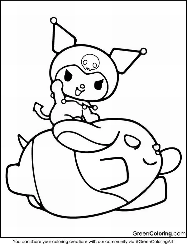 In trang tập tô màu Kuromi với chiếc mũ quỷ đặc trưng đang ngồi vắt vẻo trên tấm lưng êm ái của Cinnamoroll với tỉ lệ đầu thân lớn rất dễ thương
