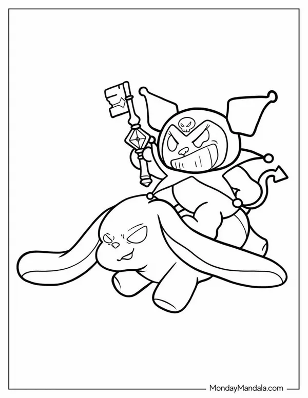 Hình ảnh Kuromi cầm chiếc gậy nhỏ oai phong khi đang du ngoạn trên bầu trời cùng nhân vật yêu thích Cinnamoroll trông thật năng động và đầy sức sống