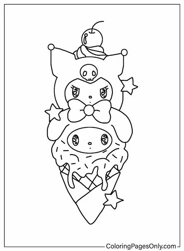 Bản vẽ tô màu các nhân vật được tạo hình như một cây kem ốc quế ngọt ngào với Kuromi ở trên cùng thể hiện phong cách thiết kế độc đáo