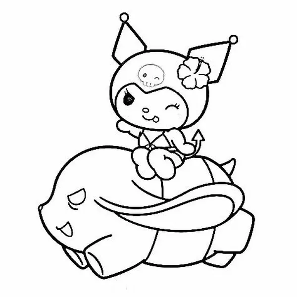 Nét vẽ phác thảo Kuromi ngồi trên chú chó Cinnamoroll tròn trịa với đôi mắt to tròn nhìn thẳng về phía trước trông rất lém lỉnh và đáng yêu