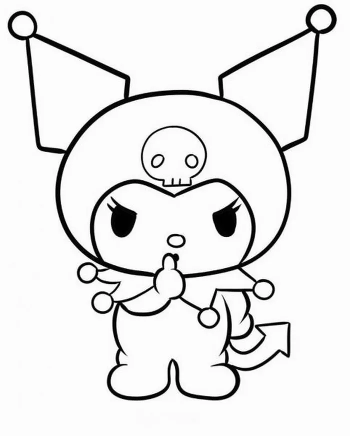 Mẫu hình tập tô cận cảnh Kuromi đặt ngón tay lên môi đầy vẻ bí mật với mũ trùm đầu đặc trưng trông vô cùng tinh quái cho trẻ 6 tuổi