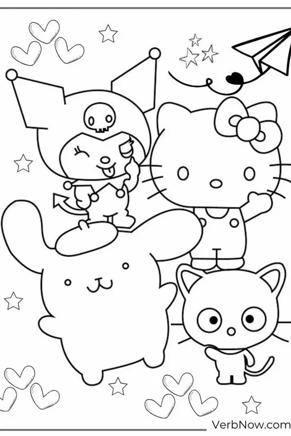 Kuromi cá tính đứng cạnh Hello Kitty và nhóm bạn trong một nhóm bạn thân thật gắn kết với biểu cảm gương mặt vô cùng hớn hở