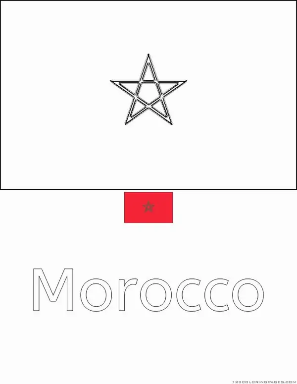 Hình vẽ lá cờ Ma-rốc với ngôi sao năm cánh màu xanh lá trên nền đỏ thắm thể hiện rõ sự độc lập và kiên cường của dân tộc.