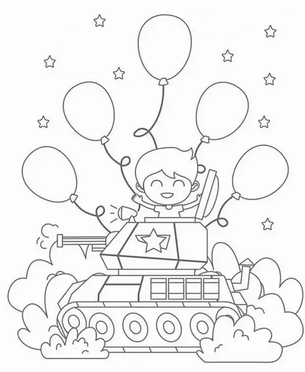 Cậu bé ngồi trên chiếc xe tăng cùng những chùm bóng bay sặc sỡ thể hiện Khát vọng hòa bình rạng ngời trên khuôn mặt nhỏ.